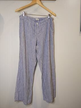 Just Living Linen Blend Pants Women's M Blue White Stripe Drawstring Coastal
